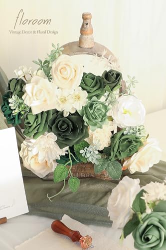 Floroom Olive Green Artificial Flowers Forest Green Fake Roses Peonies Dahlia Greenery Combo Box Set for DIY Wedding Bouquets Bridal Shower Centerpieces Floral Arrangement Party Tables Home Decoration - color: Garden Green