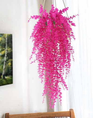 RECUTMS Artificial Plants Fake Hanging Vine Plant Hanging Eucalyptus Vine Artificial Leaves Greenery Plastic Plants for Indoor Bedroom Wall Decoration Outdoor Porch Home Wedding Decor(Pure Fuchsia) - color: Pure Fuchsia, size: Hanging Plants