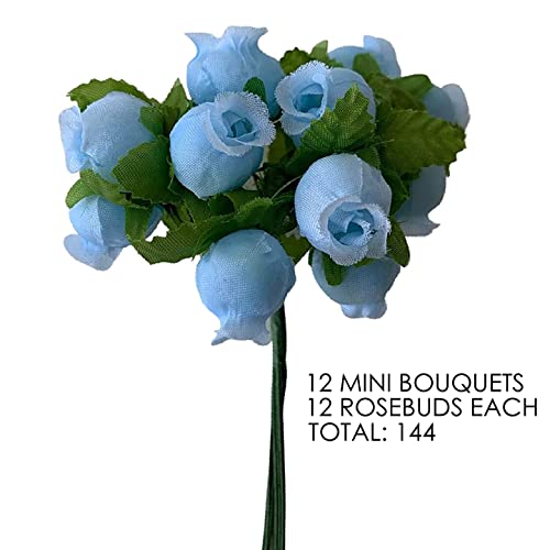 Light Blue Artificial Silk Flower Roses - 12 Mini Bouquets of 12 Rosebuds, 144 Rosebuds Total, Wedding, Christmas, Reception, Anniversary, Favors, Wreath, Bridal Shower, DIY, Arts and Crafts - color: Light Blue