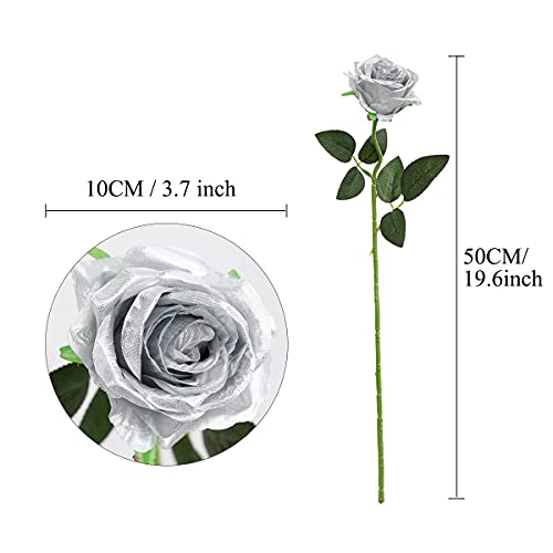 Nubry Artificial Silk Rose Flower Bouquet Lifelike Fake Rose for Wedding Home Party Decoration Event Gift 10pcs (Silver) - color: Silver