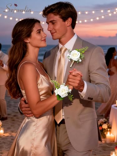 Serwalin White Corsage and Boutonniere Set, Artificial Silk Rose Wrist Corsage Wristlet and Boutonniere Set for Prom, Homecoming, Wedding, Anniversary Party Prom Suit Dress Flower Accessories - color: Ivory White, size: 1 Boutonniere & 1 Wrist Corsage - 2