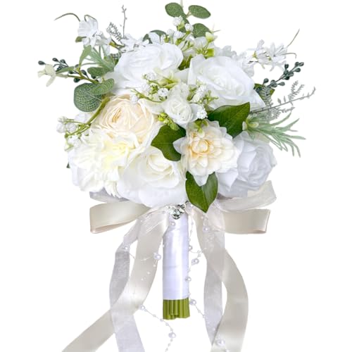 9 Inch Ivory White Wedding Bouquets for Bride Bridesmaid Champagne Rose Bridal Bouquet Artificial Fake Silk Cream Flowers Pearl Chains French Vintage Boho Rustic Church Decoration Toss Bouquet Prom - color: Ivory White