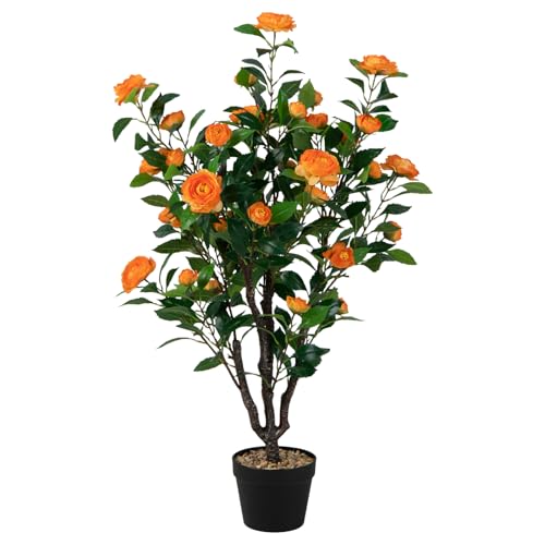 DREAMADE Faux Camellia Tree 40’’, Artificial Plant in Cement-Filled Pot w/ 37 Flowers, 3 Trunks, Fake Tree for Indoor Outdoor Home Office Living Room Porch Decoration - color: Orange