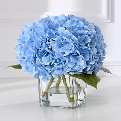 BLEUM CADE Luxury PU Fake Flowers in Vase with Faux Water, Blue Real Touch Hydrangea Artificial Flowers with Glass Vase for Office Home Dining Room Centerpiece Table Decorations - color: Hydrangea-blue