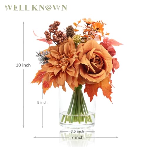 WELL KNOWN Artificial Flowers in Glass Vase, Burnt Orange Silk Rose Dahlia Flower Pine Berry Bouquet with Fake Water for Winter Home Dinning Coffee Table Wedding Chritmas Party Kitchen Decor & Gift - color: Burnt Orange Maple