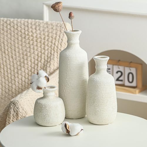 Ceramic Vase Set of 3, Neutral Rustic Vases Home Decor Farmhouse Decorative Vase Whitewashed Pottery Decor Boho Modern for Table Mantel Entryway Bookshelf Living Room Kitchen Bathroom Bedroom - White - color: 011 Vase Set - White