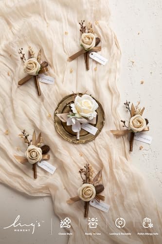 Ling's moment Boutonniere for Men, 6pcs Groom Groomsmen Boutonniere, Artificial Flowers for Wedding Decor/Prom/Homecoming, etc.Brown Beige White - color: Brn-brown Beige & White
