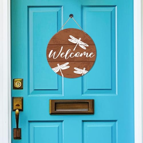 Muktoujaumai Welcome Sign Front Door Decor, Welcome Round Hanging Sign Decor Rustic Decorations Dragonfly Wall Wood Sign for Door, Porch, Home, Housewarming Gift for New House Friend Family - color: Y6