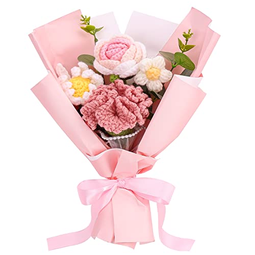 Omldggr Completed Crochet Flower Bouquet, Pink Handmade Knitted Bouquet, Crochet Carnation Mix Crochet Bouquets Flower for Mother's Day Graduation Birthday Wedding Valentine Day Gifts (with Card) - color: Pink-rose+carnation