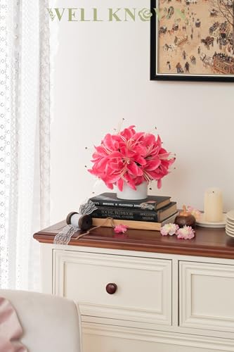 Artificial Flowers in White Vase, Fake Hot Pink Lily Flowers with White Ceramic Vase, Small Potted Faux Floral Arrangements for Home Coffee Tea Wedding Dining Table Centerpiece Lavatory Decor - color: Lily, Pink