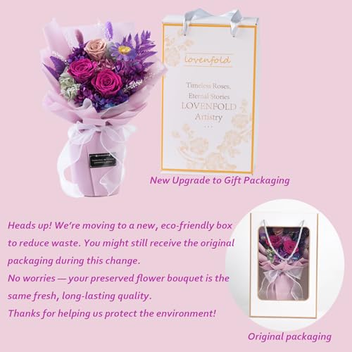 lovenfold Preserved Flowers for Delivery, Purple Rose Bouquets That Last 1-3 Years, Birthday Flowers Gifts for Women Mom Grandma Wife Friends - color: violet
