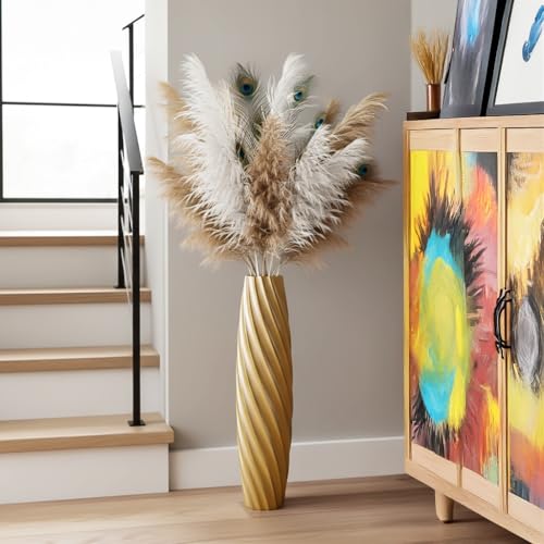 Tall Floor Vase, 23.6 inches Tall Vases Sturdy, Luxury, Textured for Decorative Branches Dried Flowers, Floor Vase for Rustic, Living Room, Shelf Decor (Gold) - color: Gold