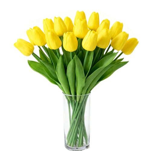 Yellow Artificial Tulips Real Touch Fake Flowers, 20 Pcs PU Faux Tulips 13.5", Realistic Tulip Bouquet for Wedding Centerpiece Spring Home Kitchen Dining Table Vase Decoration Easter Stems - color: Yellow