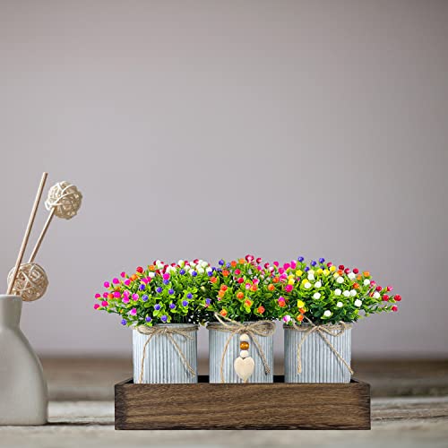 Table Centerpiece Decoration Artificial Flower Set with 3 Fake Milan Bouquet and Wood Tray for Desk Home Bathroom Office Décor - style: Milan Bouquet