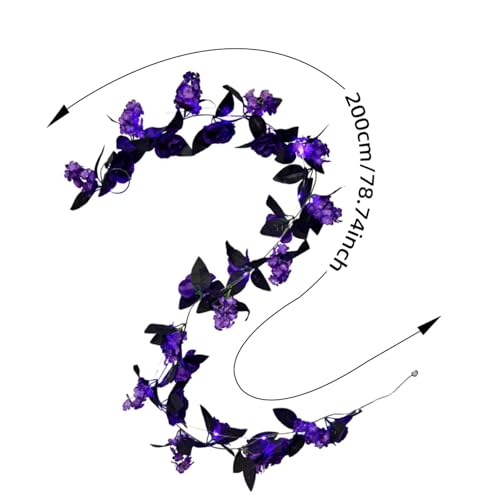 Ochine Halloween Flower Garland Decorations Rose Vines with Purple LED Light, 79 Inch Halloween Red Rose Vine Fake Floral Wall Hanging Ornaments for Halloween Decorations Wedding Home Decor