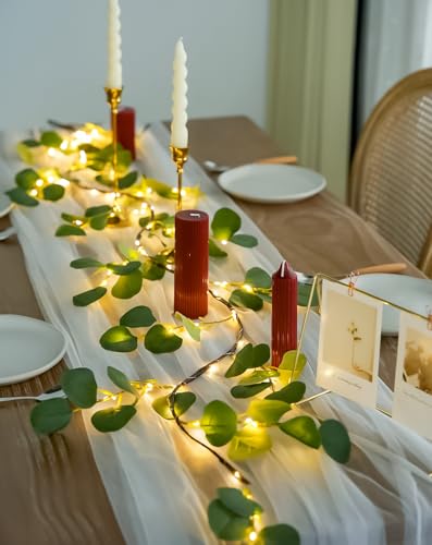 JMEXSUSS Artificial Eucalyptus Garland with Lights, 6FT Lighted Spring Garland Battery Operated with Timer for Mantel Fireplace Wedding Spring Valentine Decoration - color: Eucalyptus