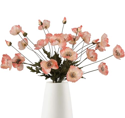 IPOPU Fake Poppies Coral Pink Silk Flowers 6pcs Artificial Poppies Realistic Faux Flowers for Wedding Centerpieces for Tables Bridal Shower Party Decorations (Coral Pink) - color: Coral Pink