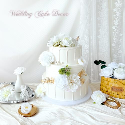 White Artificial Flowers Combo Box Set Bulks Champagne Ivory Silk Dahlia Roses DIY Cake Flowers Bridal Wedding Bouquets Boho Fake Floral Gold Leaves Stems Centerpieces Baby Shower Table Decor - color: White, Cream