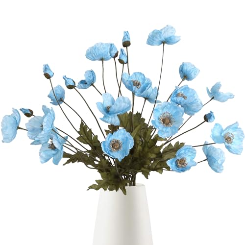 IPOPU Sky Blue Artificial Poppy 6pcs Light Blue Fake Poppies Baby Blue Silk Flowers for Baby Shower Centerpieces Bridal Shower Party Decorations (Sky Blue) - color: Sky Blue