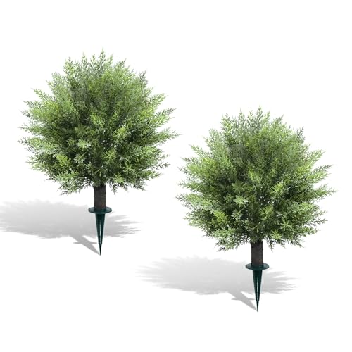 Joyooss 2FT Artificial Cedar Topiary Ball Trees Outdoor Fake Plants Faux Plants Front Porch Decor for Indoor Outdoor Garden Plant 2 Pack Fake Evergreen Bush UV Resistant with Ground Spike - size: 2FT