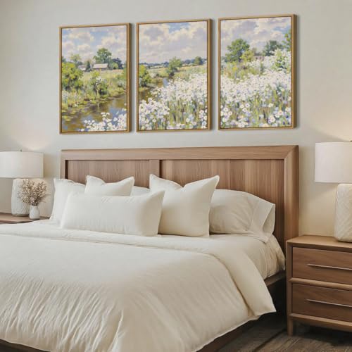 BINCUE Framed Wildflower Wall Art Rustic Floral Wall Decor Vintage Landscape Artwork Nature Flowers Wall Pictures Wildflowers Art Prints Florals Paintings for Living Room Bedroom Bathroom Farmhouse 16x24 Inches Set of 3 Gift - color: Nature Wildflower, si