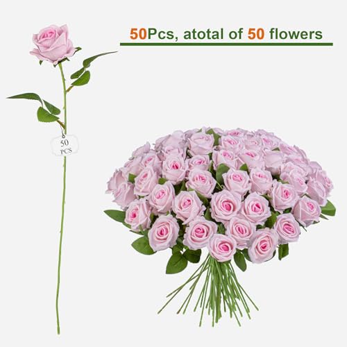 Fake Plants Roses Flowers Plastic Flowers Spring Decorations for Home Gifts for Gf Roses Artificial Flowers for Vase Fake Flowers Home Decor Fake Plant (Light Pink 50PCS) - color: Light Pink 50pcs