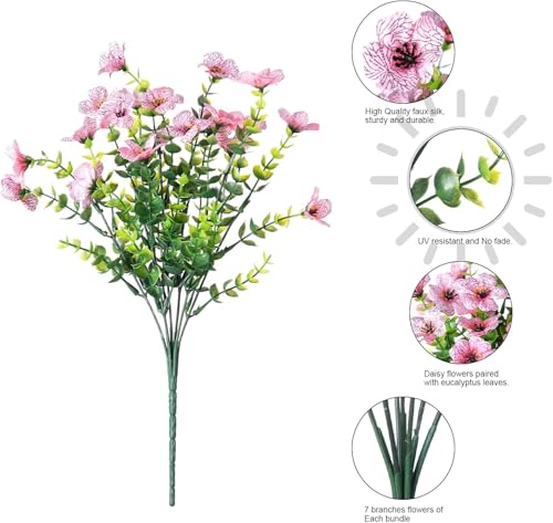 Artificial Flowers 12 Bundles, Faux Daisy and Eucalyptus Greenery Stems for Outdoor Indoor Decor - Fake Plants for Home, Garden, Patio, Porch Decoration - color: Pink