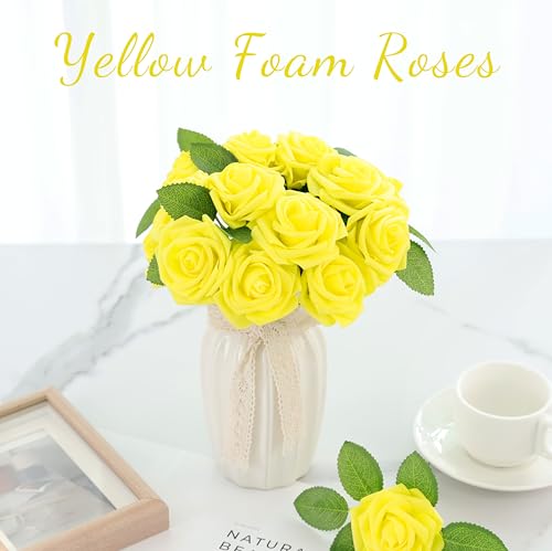 16 Pcs Fake Yellow Roses Artificial Flowers | Yellow Foam Roses with Stems, Artificial Flowers for DIY Wedding Bouquets, Centerpieces, Party, Home Decor - color: Yellow
