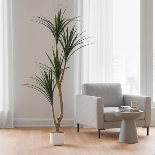 5.4FT Tall Artificial Dracaena Tree in White Pot, Evergreen Faux Dragon Yucca Plant Tree, 65in Tall Indoor Fake Yucca Tree Decorative Potted Floor Plant, for Living Room Entryway Porch Office