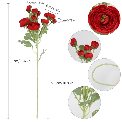 Silk Ranunculus Artificial Flowers 5PCS Long Stem Red Fake Peonies 21.65" Real Look Faux Ranunculus Flowers for Floral Arrangements Home Wedding Party Festival Decor (Red) - color: Red
