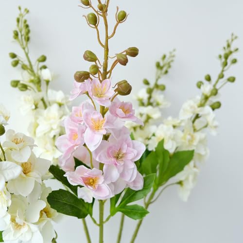JINWOE Pink Larkspur Plant Artificial Flowers,4Pcs 26" Large Faux Lifelike Silk Flowers with Long Stem for Tall Floor Vase Home Wedding Office Party Arrangement Decoration - color: Pink