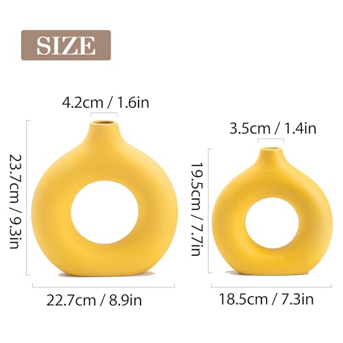 Ceramic Vase Set of 2 Home Decor Modern Farmhouse Style Living Room Ornament Dining Table Room Pottery Yellow Small Donut Vases for Dried Flowers - color: Vt11 Yellow