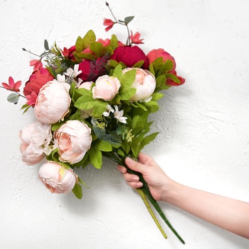 FiveSeasonStuff Burnt Pink and Dusty Pink Vintage Artificial Peonies Silk Flowers and Hydrangeas for Wedding Bridal Home Decor – Beautiful Floral Centerpiece Bouquet (Fireside Romance) - color: Fireside Romance (Burnt Pink and Dusty Pink)