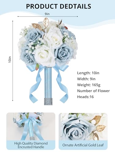 Wedding Bouquets for Bride & Bridesmaid, 9 Inch Artificial Rose Bridal Bouquet, Ivory White & Blue Silk Flowers for Wedding Ceremony, Church, Party Decoration (White Blue) - color: White Blue