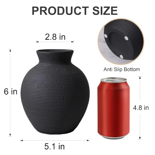 Ceramic Flower Vase Home Decor, 6 in Farmhouse Table Black Vases Rustic Vintage Living Room Kitchen Bedroom Decorations Pottery Decorative Vase for House Book Shelf Office Coffee Desk Dining Fireplace - color: 6 in - Black