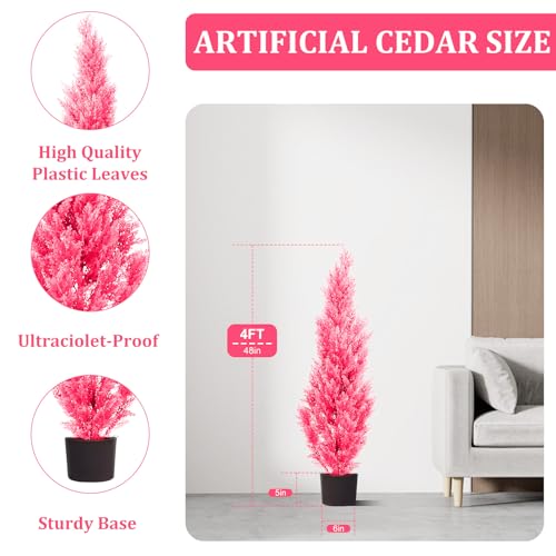 Two 4-Foot Pink Artificial Plants-Indoor and Outdoor Artificial Trees, Anti-Ultraviolet Artificial shrubs-Outdoor Pink Cedar-are Very Suitable for Home Front Porch Courtyard Decoration - color: 4ft Pink