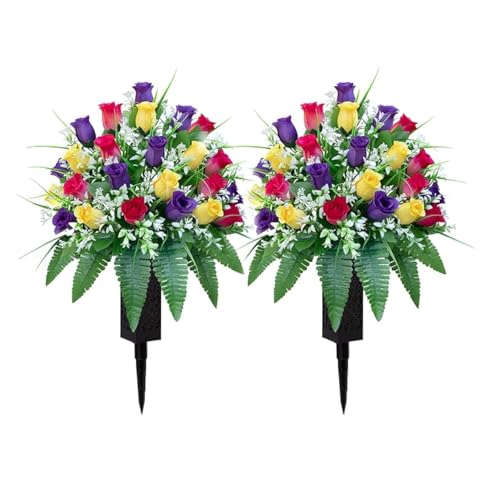 LVXINLI Artificial Cemetery Flowers, Gravesite Decoration Roses, Memorial Bouquets with Cemetery Vase, Vibrant and Long-Lasting Colors (Yellow+Purple+Brilliant Red, 2 Bundles) - color: Yellow+purple+brilliant Red
