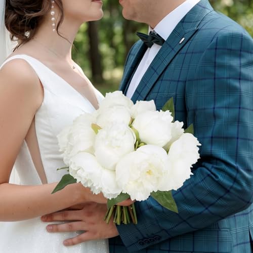 White Peonies Silk Flowers 2 Bouquets Fake Peonies 14 Heads Faux Peony Flowers with Stems for Wedding Decoration Bride Bouquet Faux Flowers Crafts Floral Arrangement (White) - color: Pure White