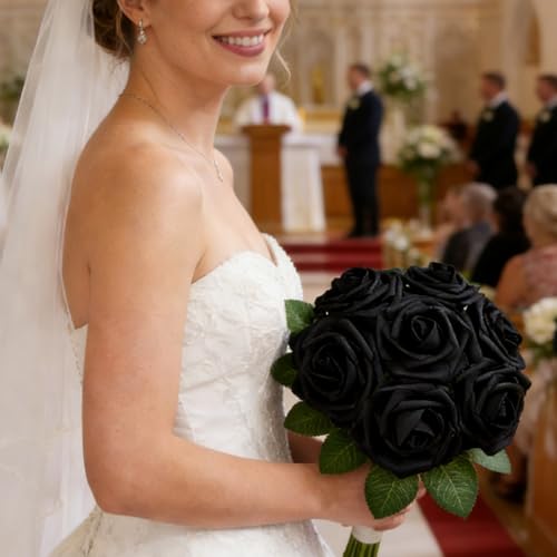16 Pcs Black Roses Artificial Flowers | Foam Roses with Stems, Black Flowers for DIY Gothic Decor, Halloween Arrangements, Home Accents - color: Black