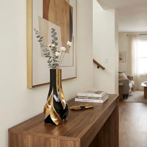10.6" Black and Gold Ceramic Vase, Modern Geometric Flower Vase for Dining Table Centerpiece, Elegant Decorative Vase for Pampas Grass, Living Room, Bedroom, Office, Tabletop Decoration - color: Black Gold