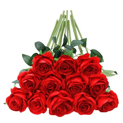 Tifuly 12 Pcs Red Roses Artificial Flowers,Realistic Long Stem Fake Silk Roses Bouquet for Party Home Wedding Centerpiece Office Decor - color: Red
