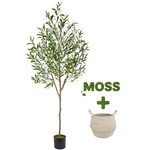 Warmplants Artificial Olive Tree, 6ft Tall Fake Olive Leaves Plant with Basket, Indoor Outdoor Faux Olive Topiary Silk Tree for Home Livingroom Office Décor - size: 6ft