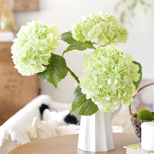 FiveSeasonStuff Fresh Lime Green Hydrangeas – 3 Stems Real Touch Artificial Flowers with Soft Petals for DIY Bouquets, Table Centerpieces, and Home Decor – Lifelike Faux Blooms in Gift Box - color: Lime Green (3 Stems)