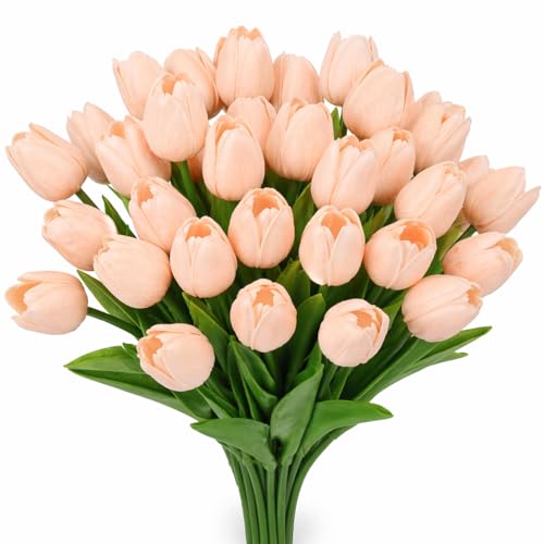 MACTING 30 PCS Artificial Tulip Flowers 13.7" Real Touch Fake PU Tulips Bouquet Faux Flowers for Floral Arrangements Table Centerpieces Kitchen Mothers Day Summer Decorations,Light Pink - color: Light Pink