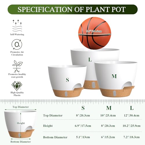 Self Watering Pots with Drainage Holes, 3 Pack 12/10/8 Inch Plant Pots with Water Level Indicator Deep Reservoir, Large Plastic Planter for Indoor Outdoor Plants - White Brown - color: White Brown, size: 12+10+8 Inch Set