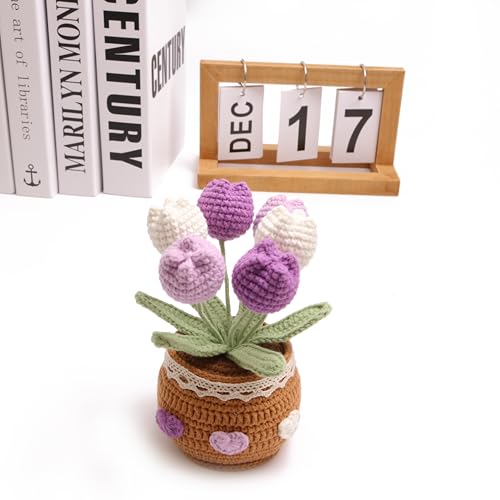 Crochet Simulation Tulip Potted Plants, Simulation Crochet with Long Flowers, Hand Crochet Lovely Woven Potted Plants, Home Office Desk Ornaments, Shop Decorative Flowers (6 Flowers-Purple) - color: Purple a, size: A
