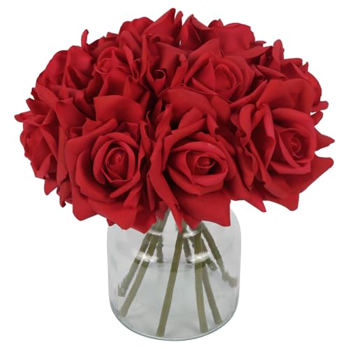 IPOPU Red Roses Artificial Flowers 2 Bouquets 10PCS Realistic Fake Roses Real Touch Faux Roses with Stems for Wedding Home Party Table Centerpieces Decoration(Red) - color: Red