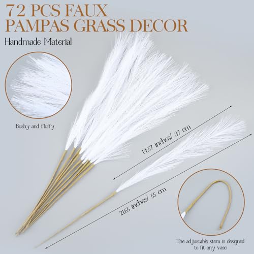 Suncalla 72 Pcs White Pampas Grass 21.7 Inches Faux Tall Pampas Grass Decor Bulk Artificial Dried Flower Feather for Vase Filler Home Boho Decor Christmas Wedding Party Arrangement Bathroom Wall - color: White