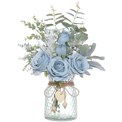 Faux Flowers with Vase,Artificial Silk Roses in Vase, Fake Plant Eucalyptus Flower Arrangement for Home Office Farmhouse Bathroom Dining Table Centerpiece Decorations Coffee Table Decor (Dusty Blue) - color: Dusty Blue