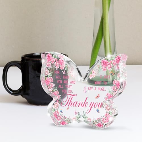 Butterfly and Flowers Acrylic Thank You Gift for Women, Pink Decoration, Can Be Used as Desk Sign for Office, Teacher, Nurse or Friend, 4.7x3.2 Inch - color: White blue
